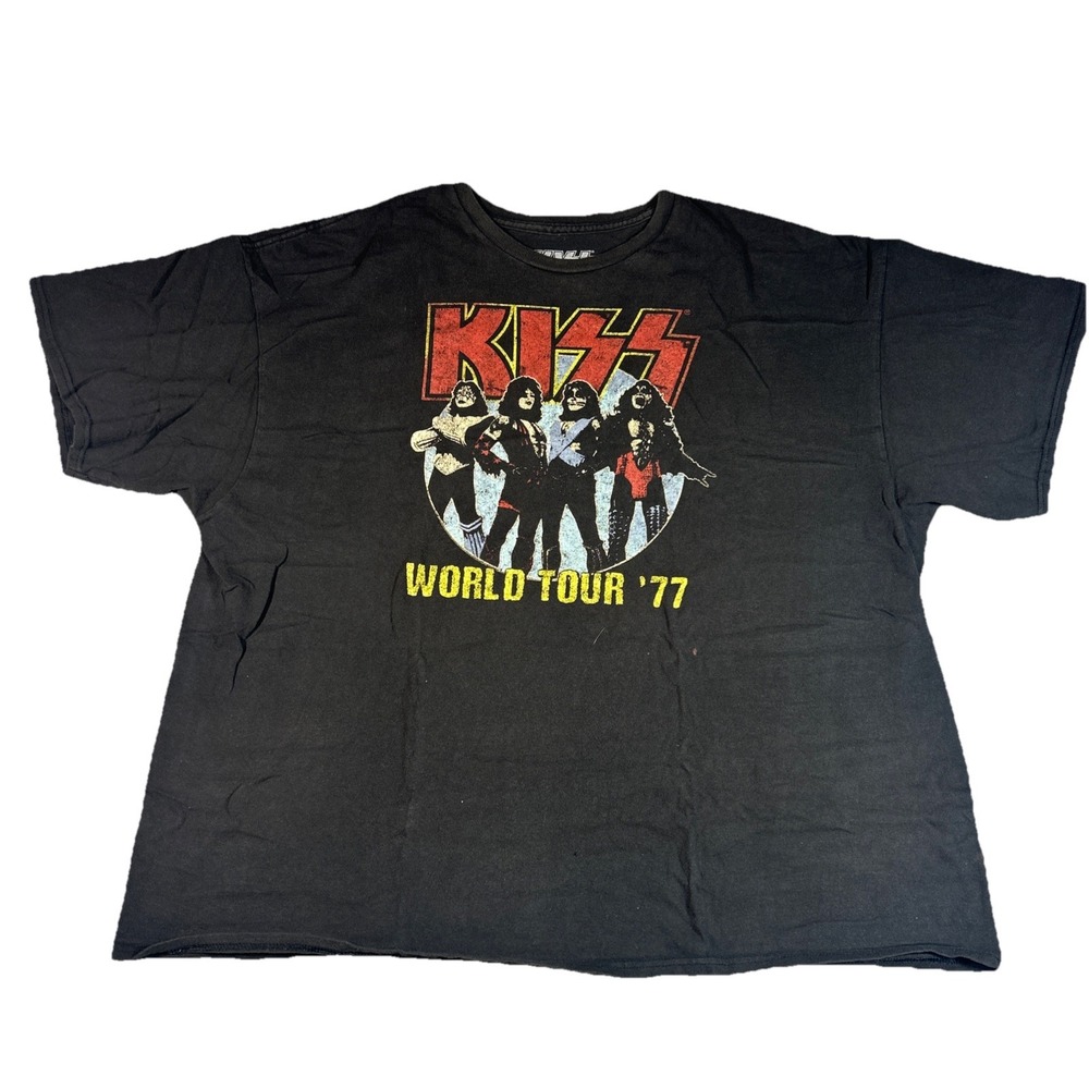 Kiss World Tour '77 Black T-Shirt Size 3XL Rock & Pop Music Band Tee Used